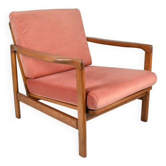 Scandinavian original armchair Baczyk, 1960s, renovation, pink, velvet, teak