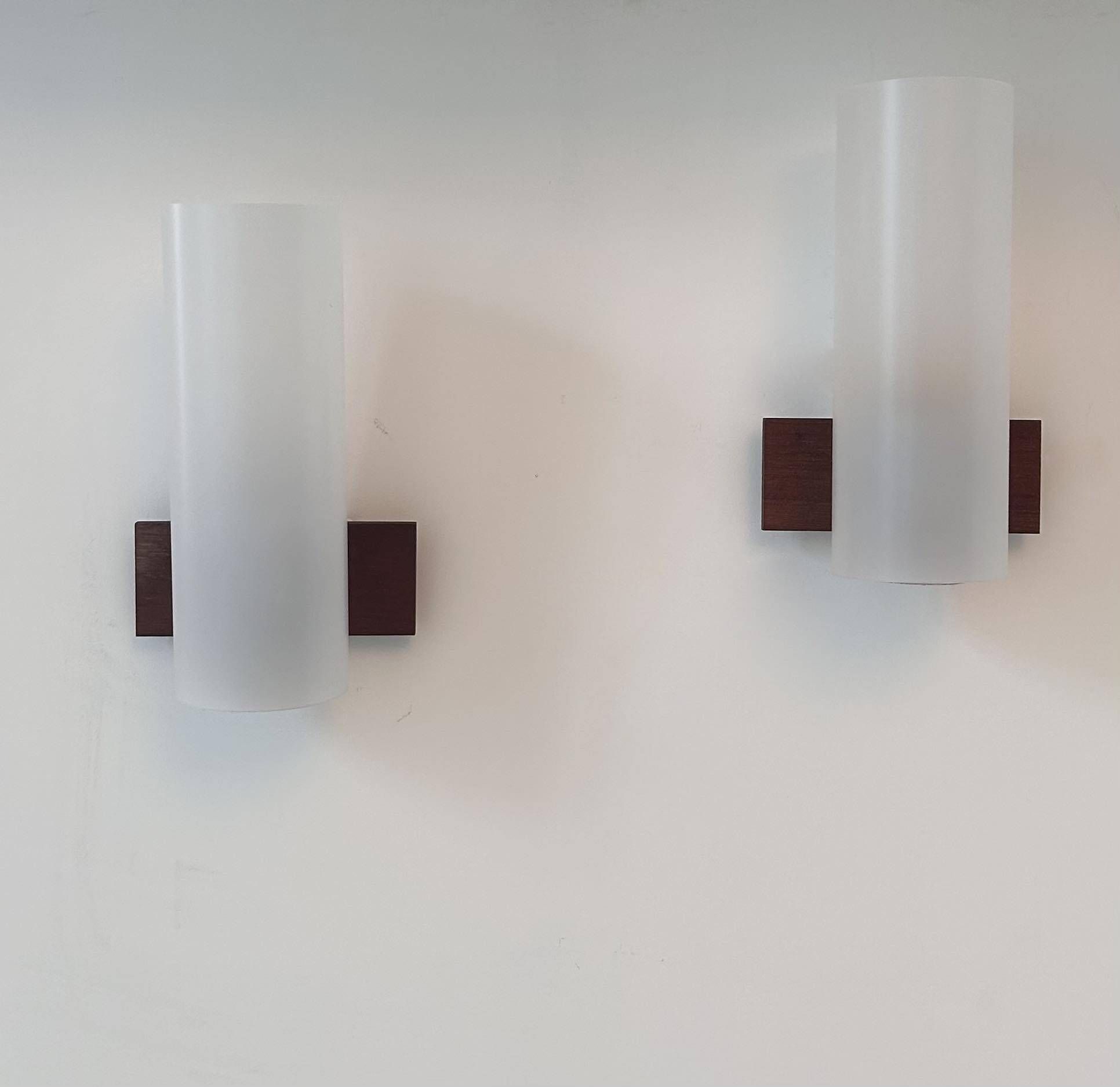 Pair of vintage wall lights, opaline perspex and teak, Doria Leucthen, Germany 1960s