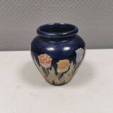 Small delicious blue ceramic vase with floral decoration. Sweden 1970s