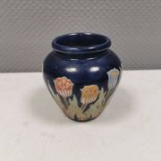 Small delicious blue ceramic vase with floral decoration. Sweden 1970s
