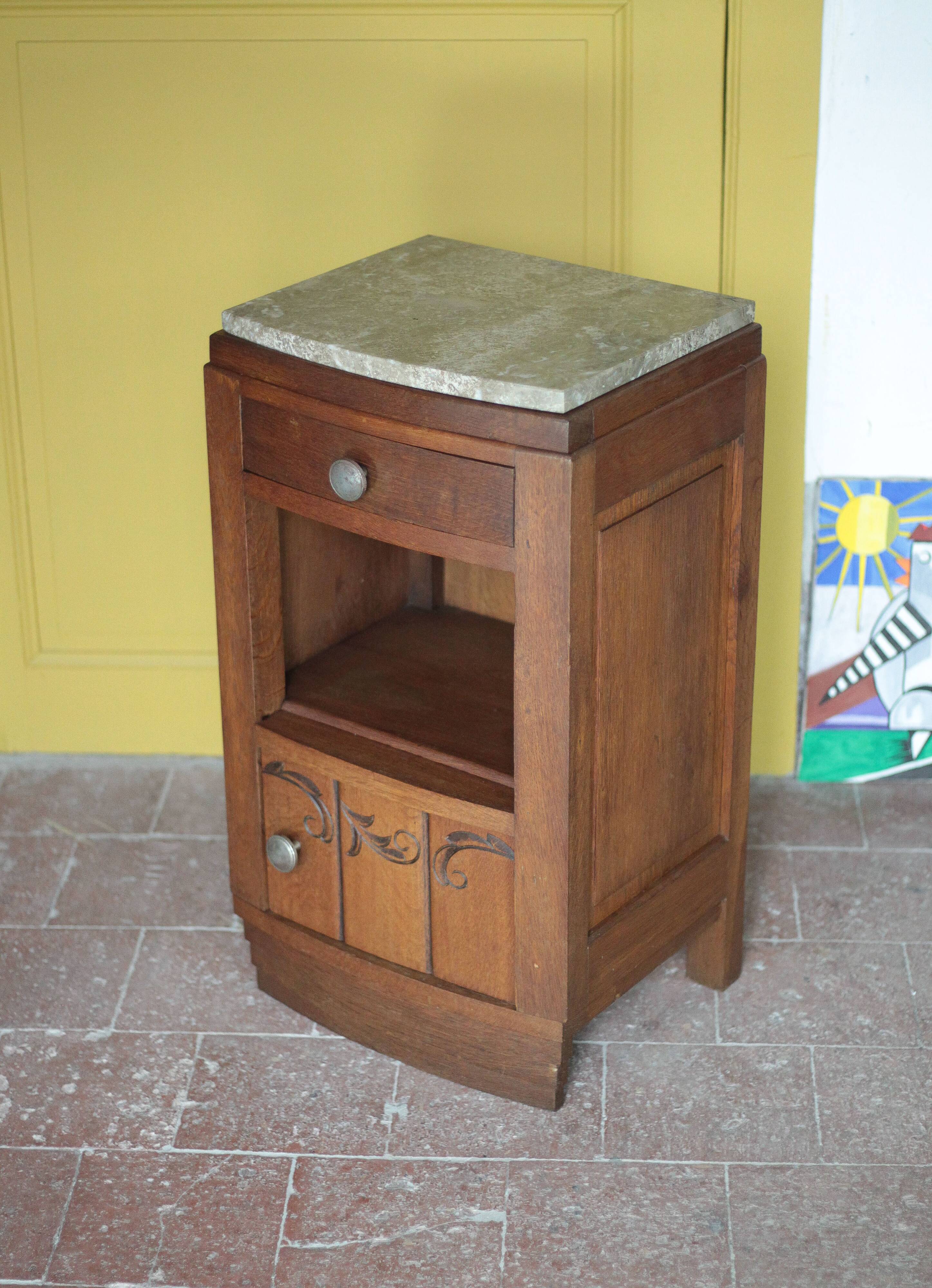 Art Deco bedside table, wooden Art Deco nightstand with marble top.