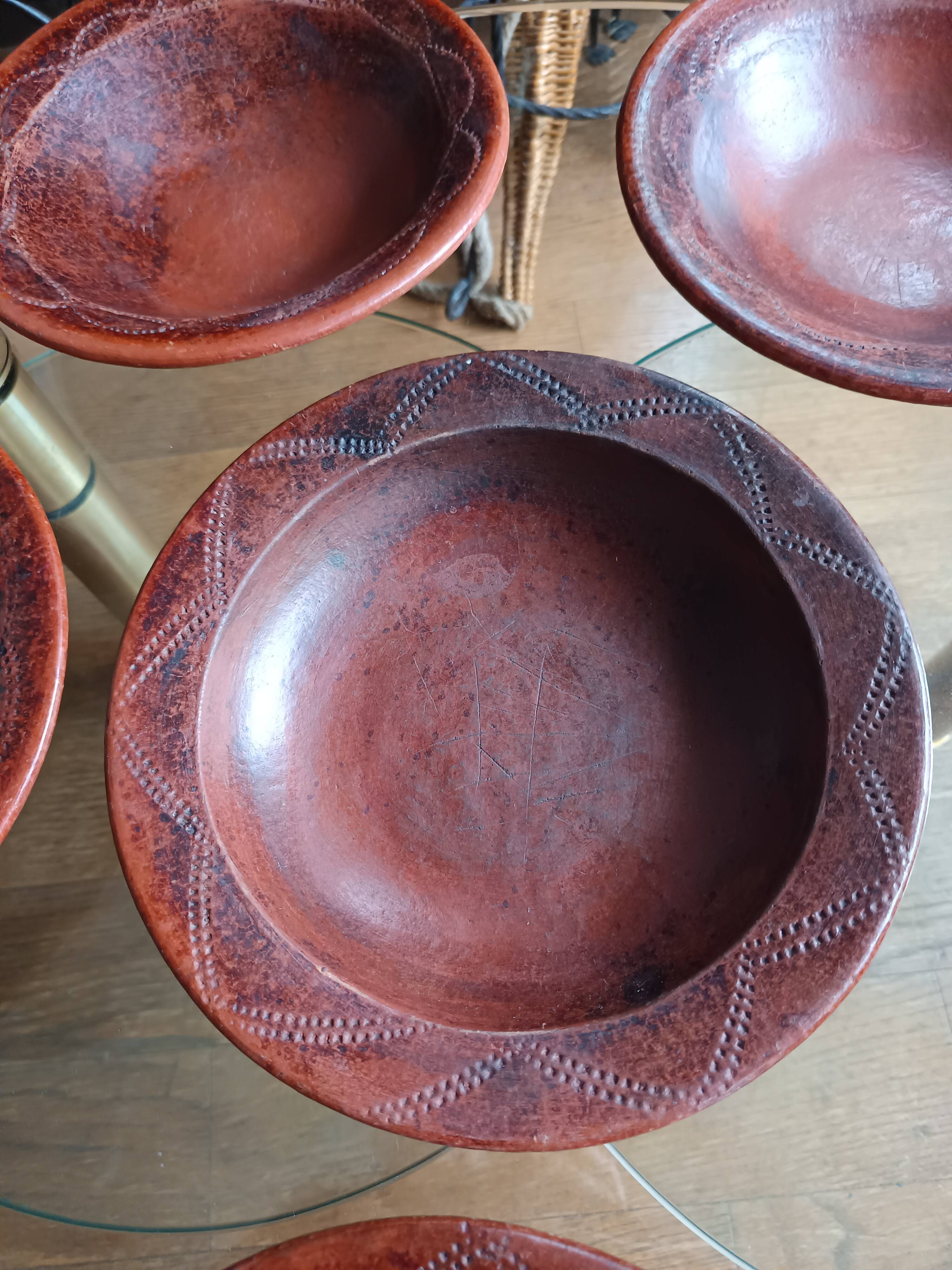 6 antique hand-turned glazed terracotta plates