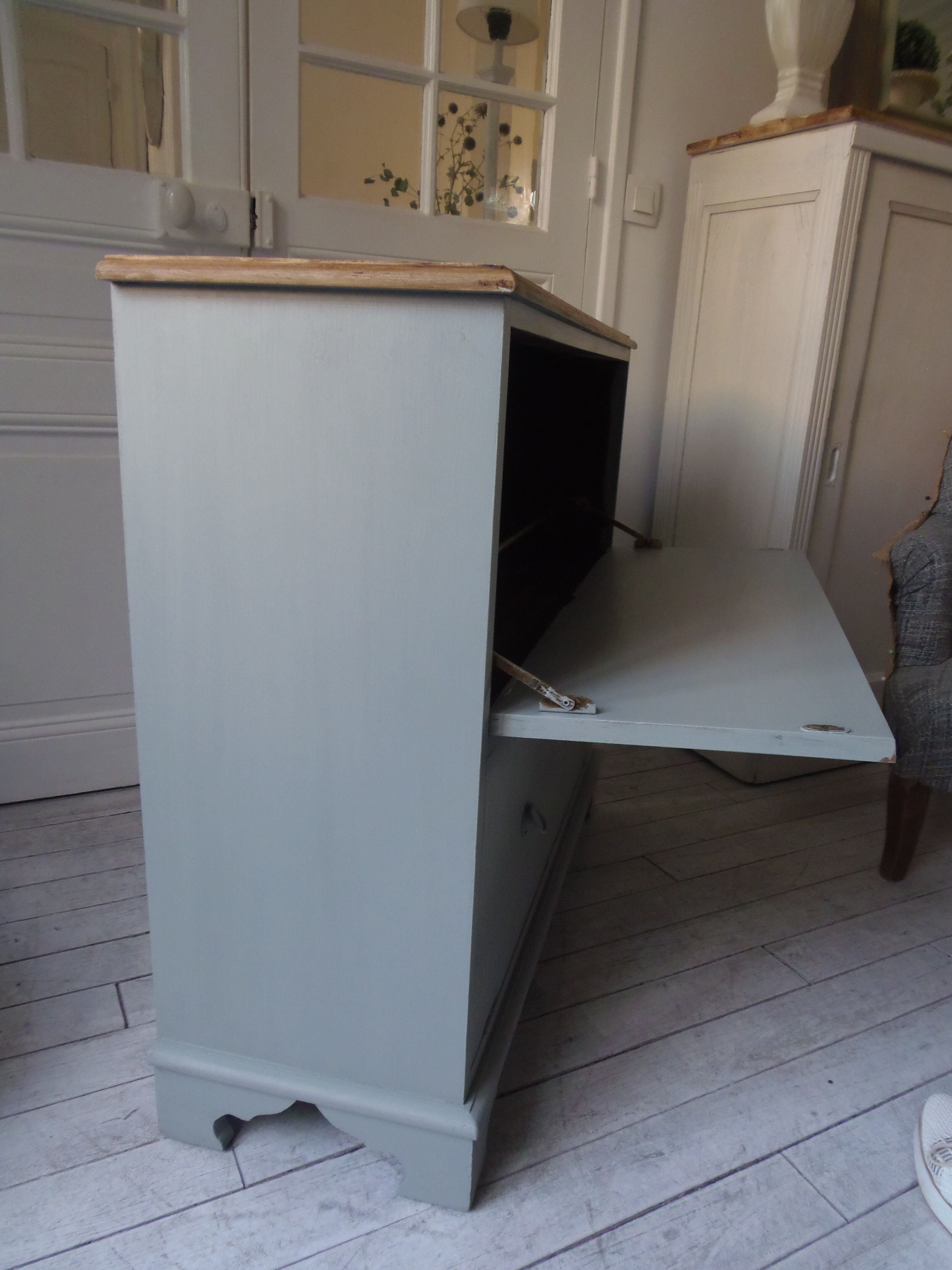 Vintage shoe cabinet green of gray, wooden top.