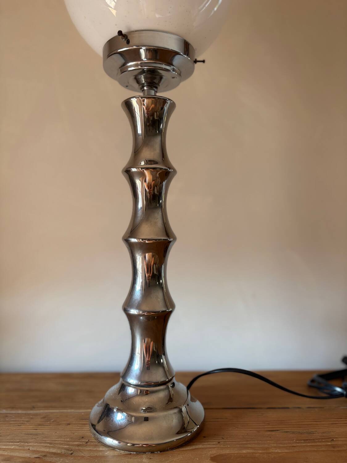 Vintage 1970s chrome globe lamp with bamboo-like finish