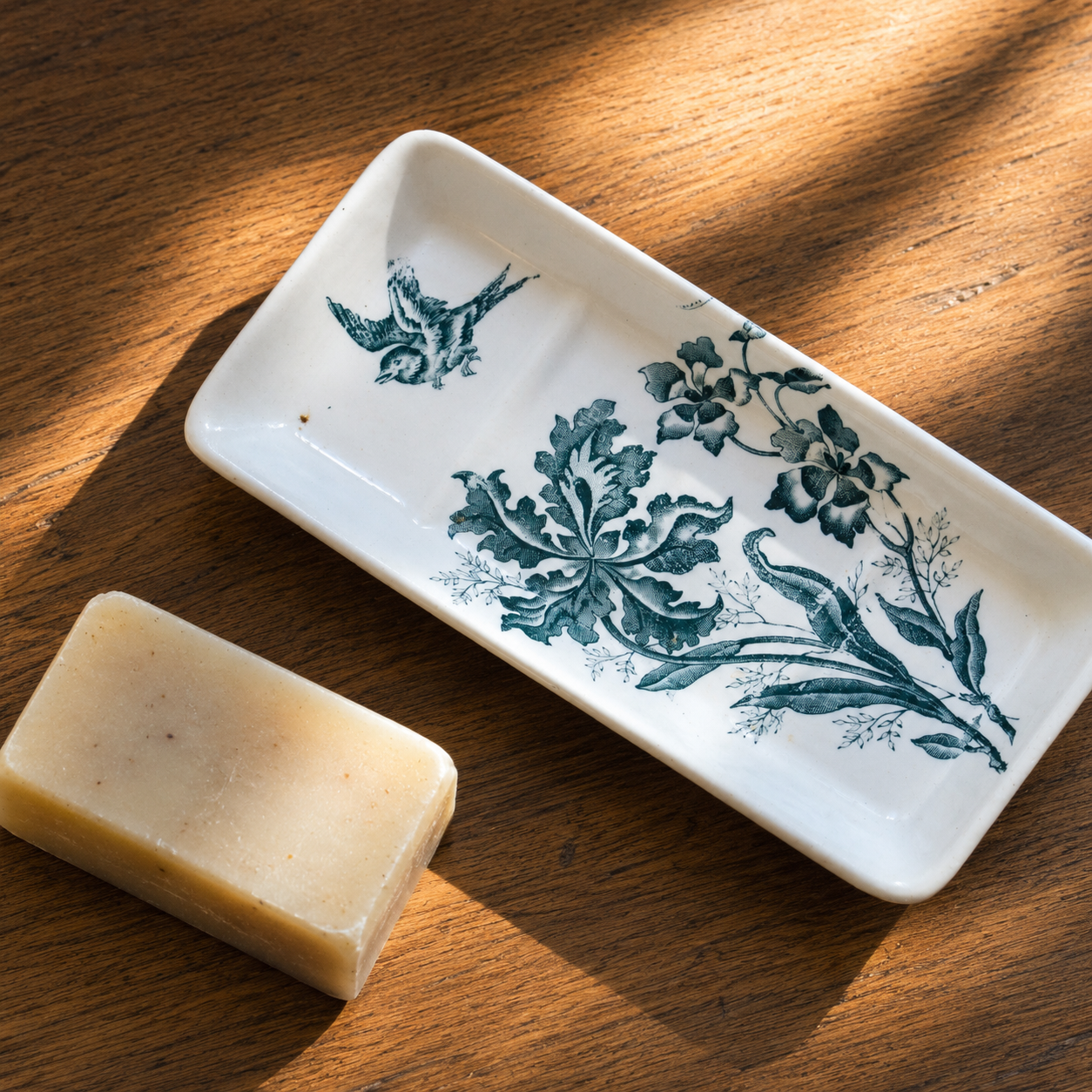 Ravier soap dish 19th century ironstone signed Moulin des Loups "Orchids"