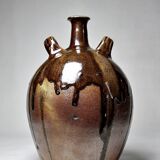 Old stoneware oil jar, glazed and enamelled, 2 handles