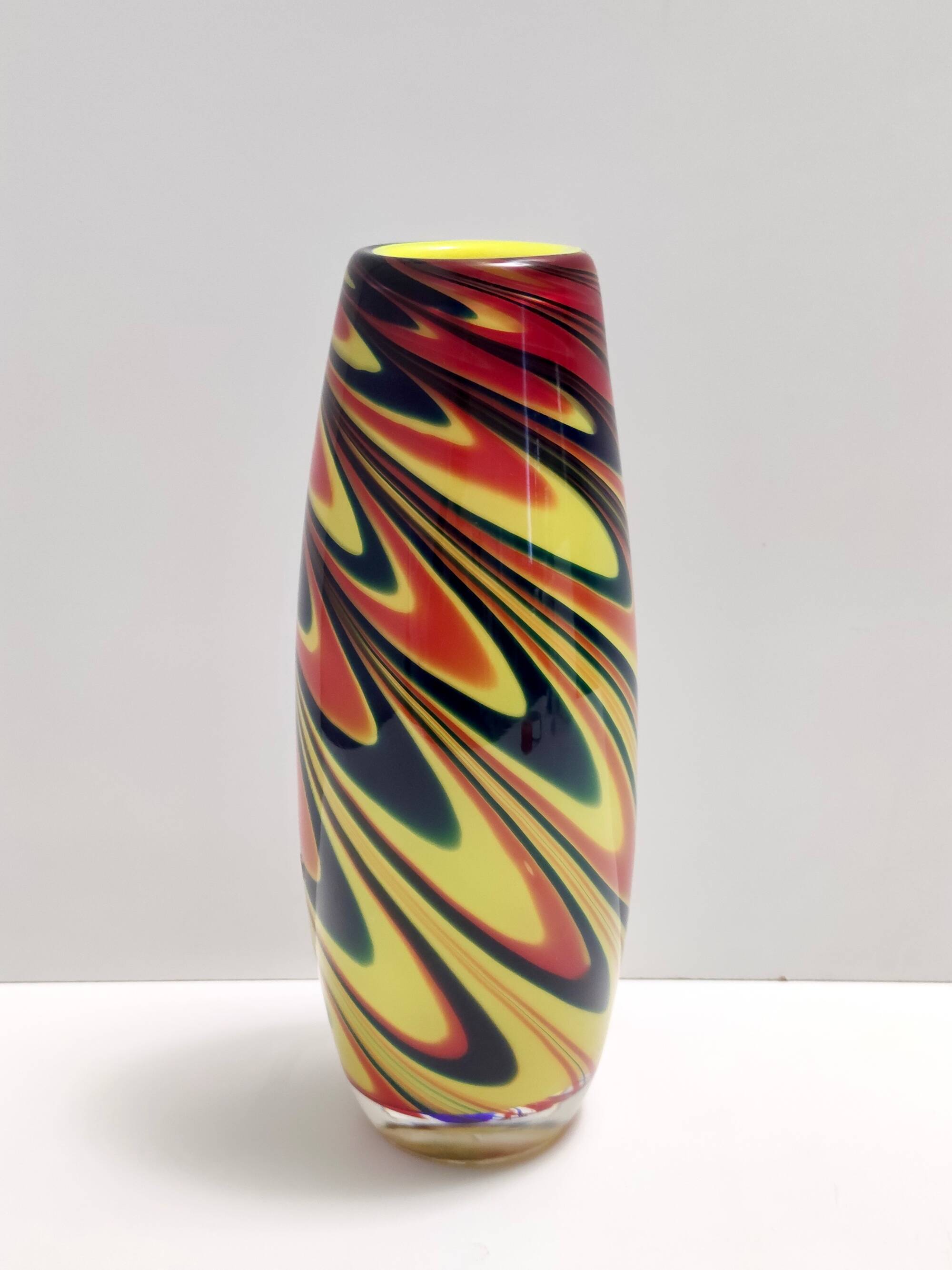 Black, Red and Yellow Encased Hand-Blown Murano Glass Flower Vase, Italy