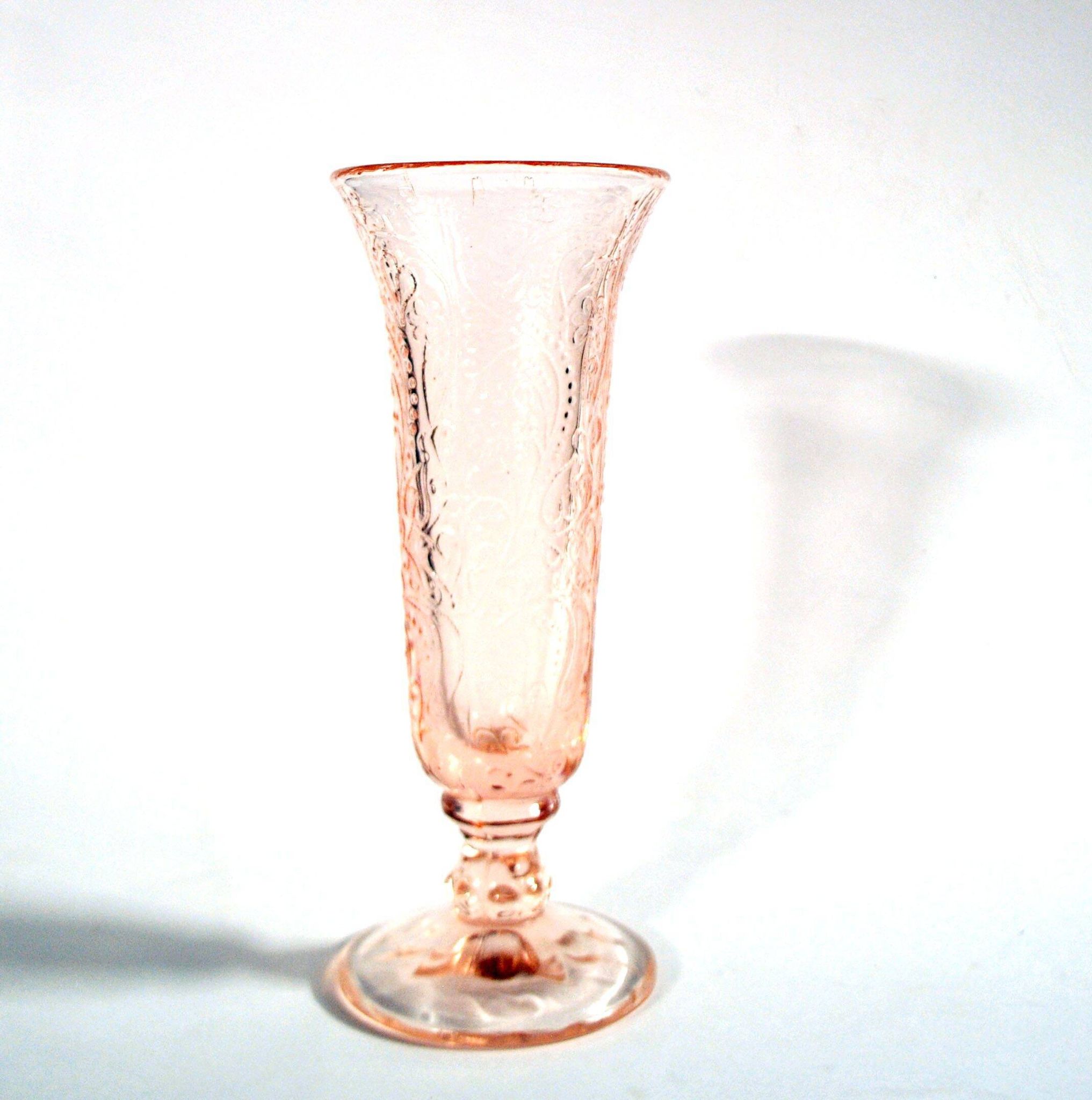 Vintage pink moulded glass cornucopia vase – bead and heart decoration