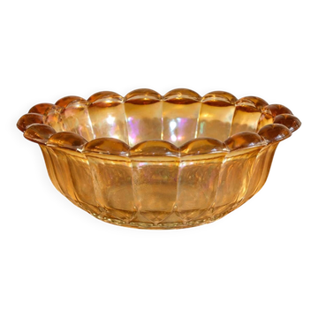 Large vintage iridescent amber glass bowl – Scalloped edge – Ø 23 cm