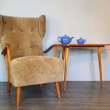 Norwegian sheepskin wing armchair with ottoman 1950
