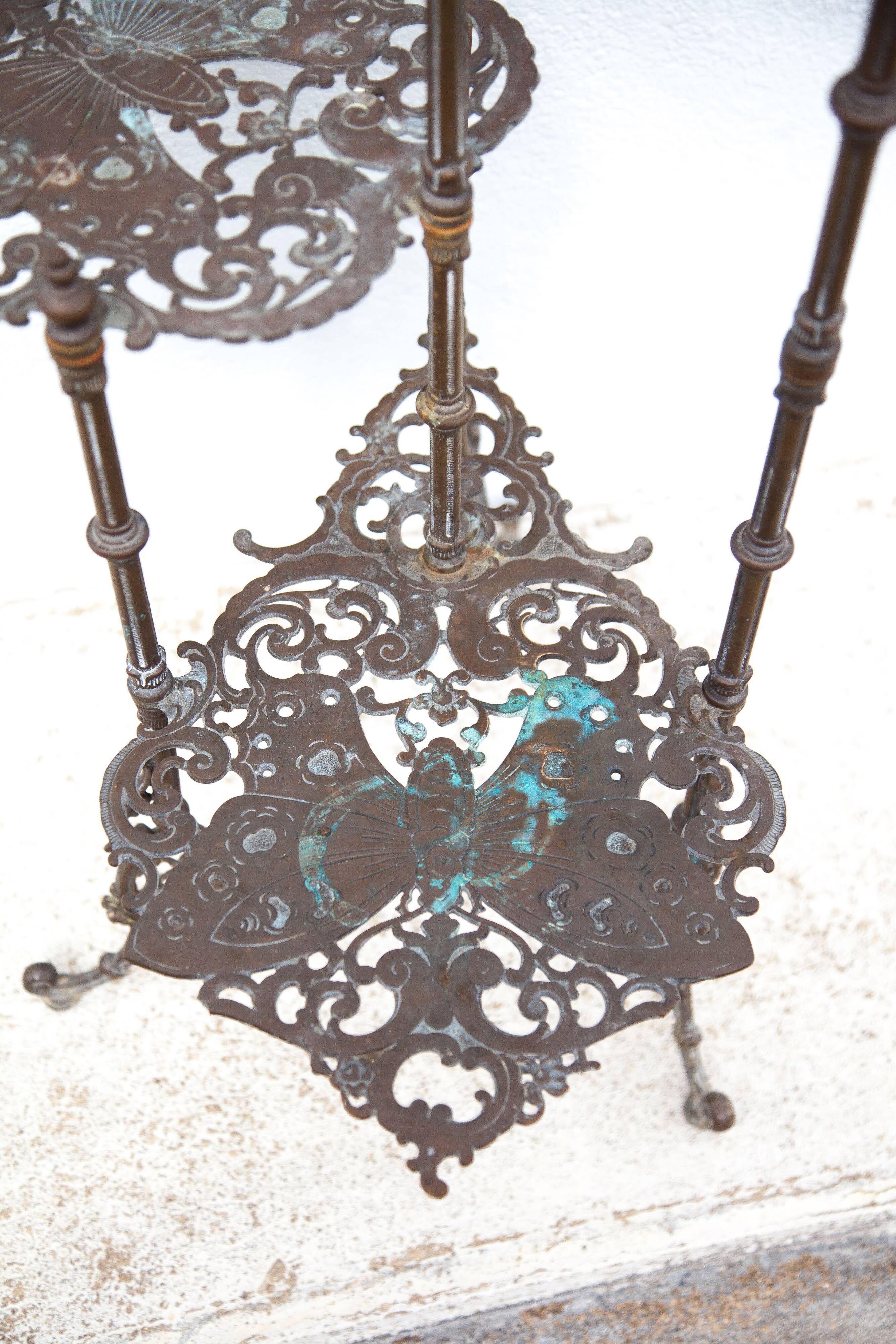 Old bronze harness 3 levels, bronze plant holder, butterfly patterns, planter, patio