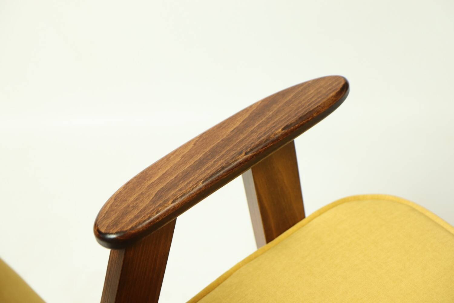 Vintage armchair plush yellow velvet soft dark wood 1962 design by Chierowski