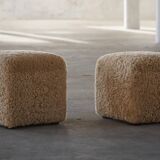French mid-century cube poufs, a pair of lambswool stools, 1960s.