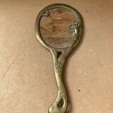 Ancien miroir art nouveau face a main bronze doré décor fleurs vintage
