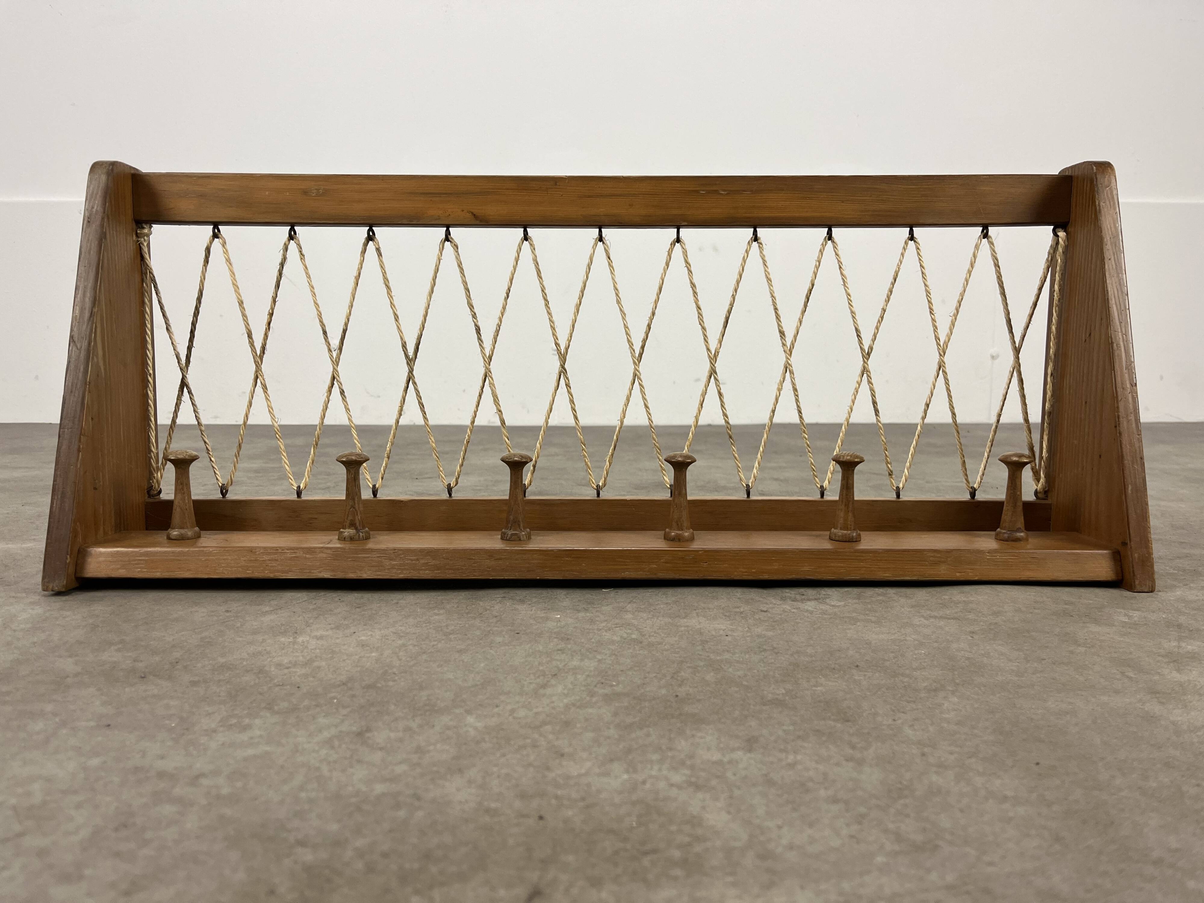 Vintage wooden wall coat rack with 6 chalet-style hooks