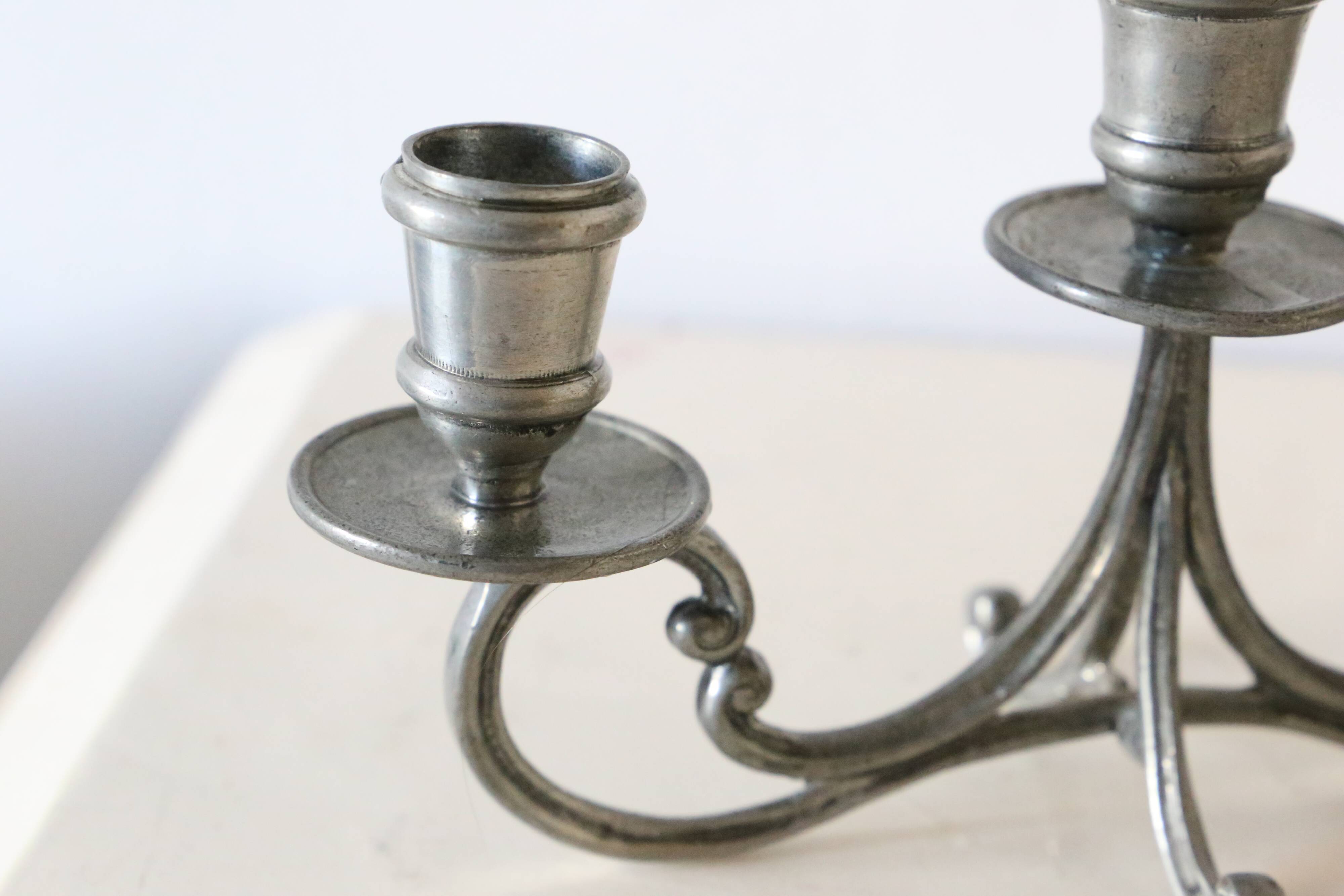 Duo of tin candlesticks, 3 lights, Gothic motifs, vintage