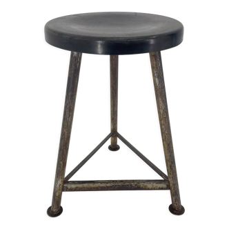 Vintage Industrial Iron Tripod Stool with Original Plastic Seat, 1950's