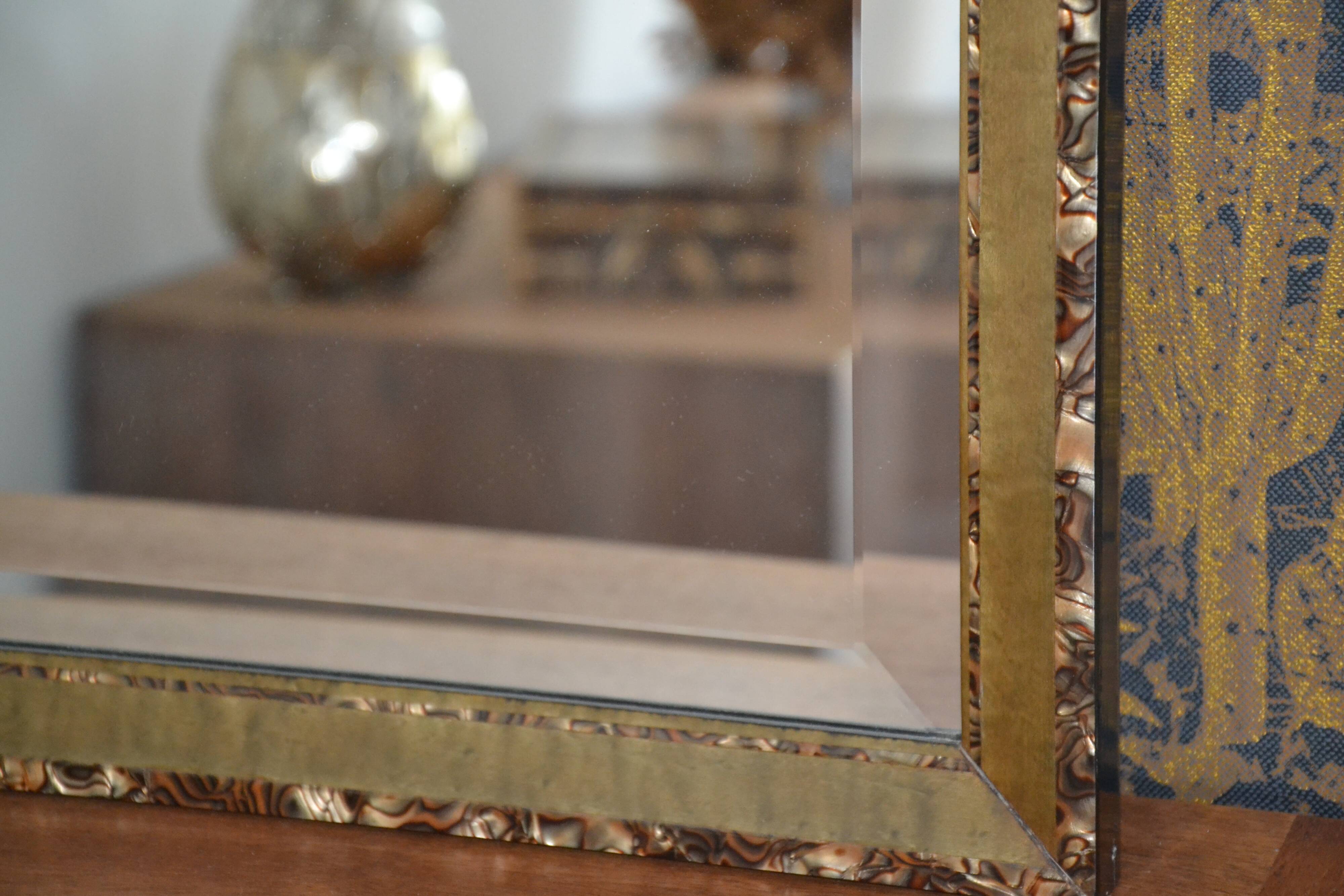 Large khaki beveled mother-of-pearl mirror from the 70s/80s