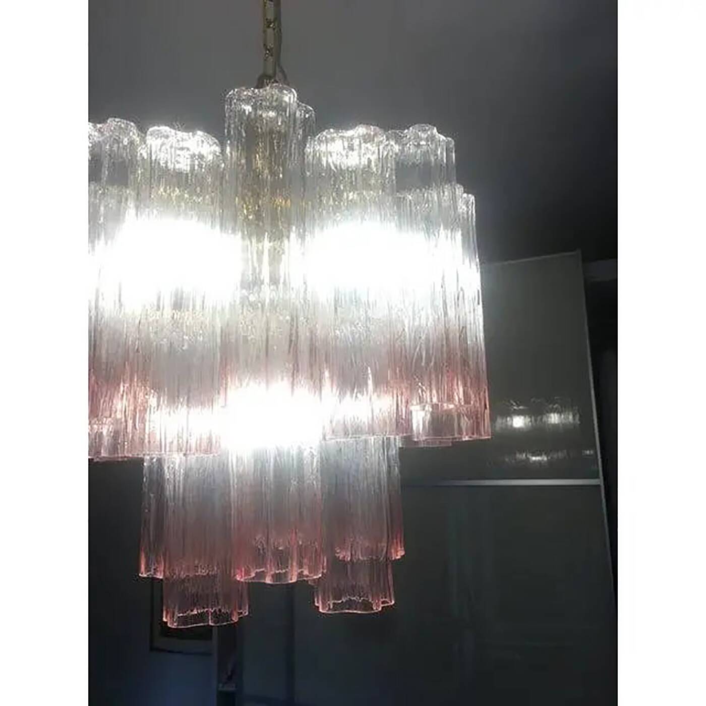 Pair of Murano Style Glass Vanished Pink Tronchi Venini Style Chandeliers