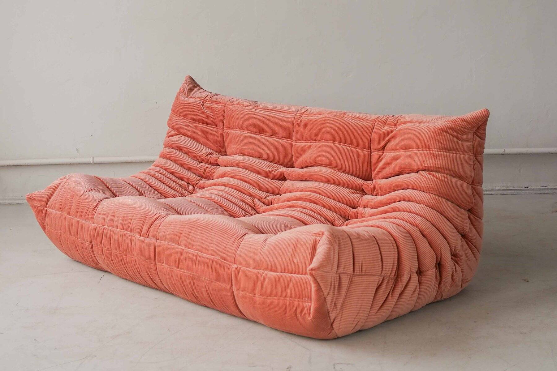 Coral corduroy Togo living room set by Michel Ducaroy for Ligne Roset, 1979, set of 5