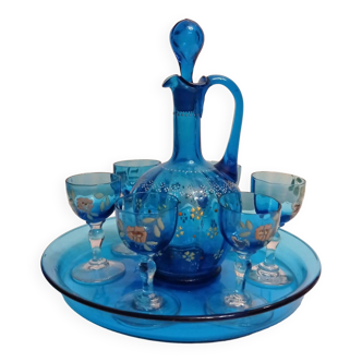 Art Nouveau enameled blue liquor service