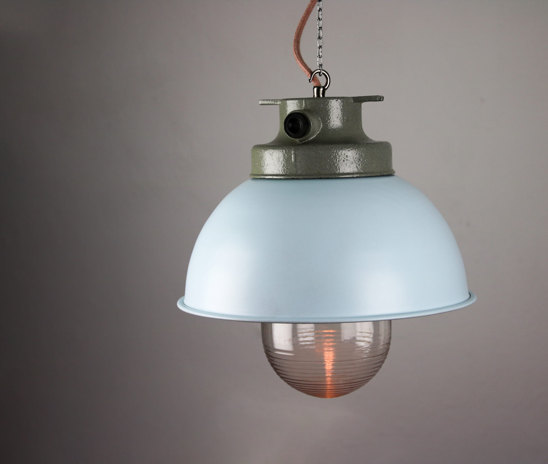 Light blue industrial hanging light from tep