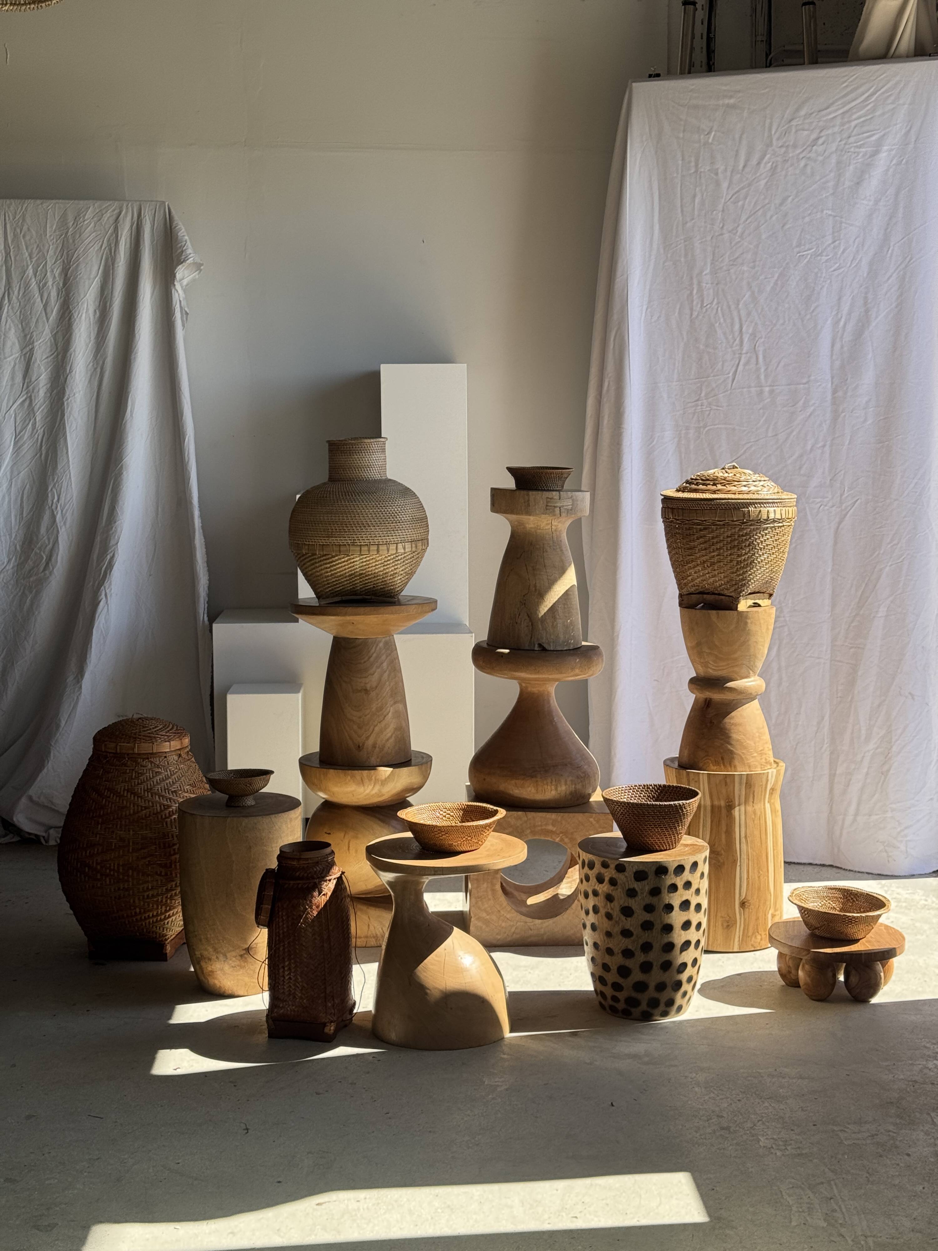 Stool, side table, cylindrical solid mango wood end table.