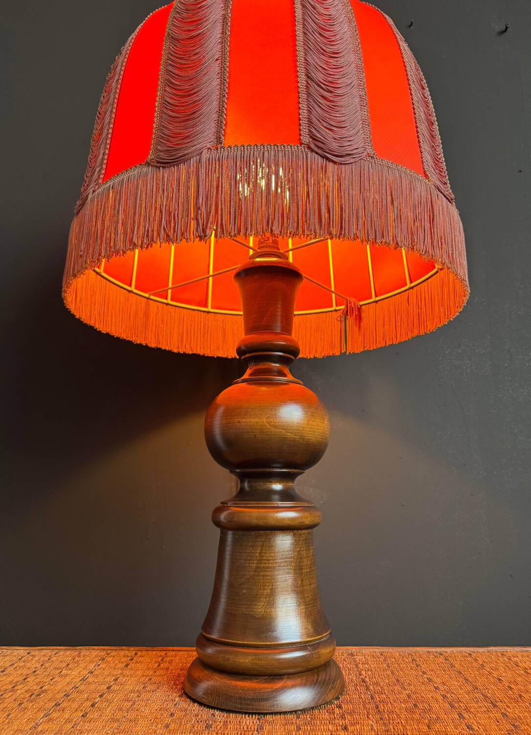 Large 1960s bell-shaped lamp with fringed shade