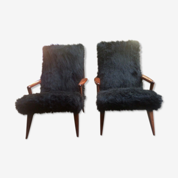 Paire de fauteuils italiens en être vernis recouvert de tissus façon poil d’ours brun circa 1950