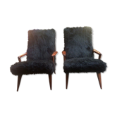 Paire de fauteuils italiens en être vernis recouvert de tissus façon poil d’ours brun circa 1950