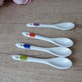 Set of 4 vintage colored egg cups with spoons, salt and pepper shakers