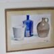 Peinture à l'huile sur panneau « Vie sur un rebord de fenêtre avec une bouteille bleue » par Rolf Bergström, Suède années 1960