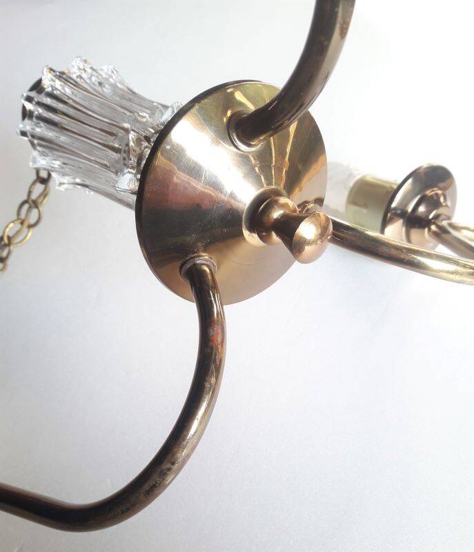 Chandelier 1950, 1960 3 lights gold metal and glass
