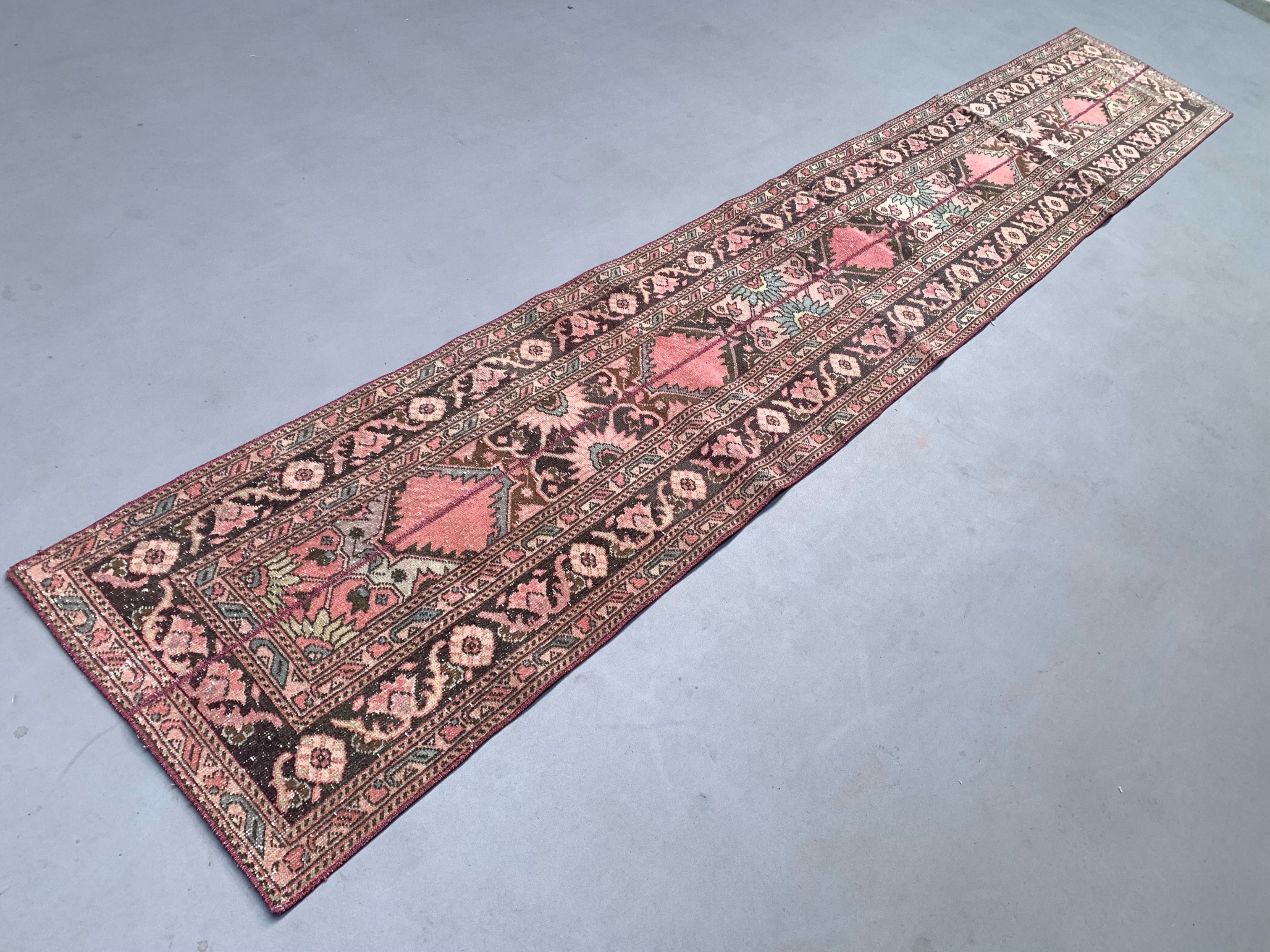 Distressed turkish narrow runner 409x70 cm wool vintage tribal rug