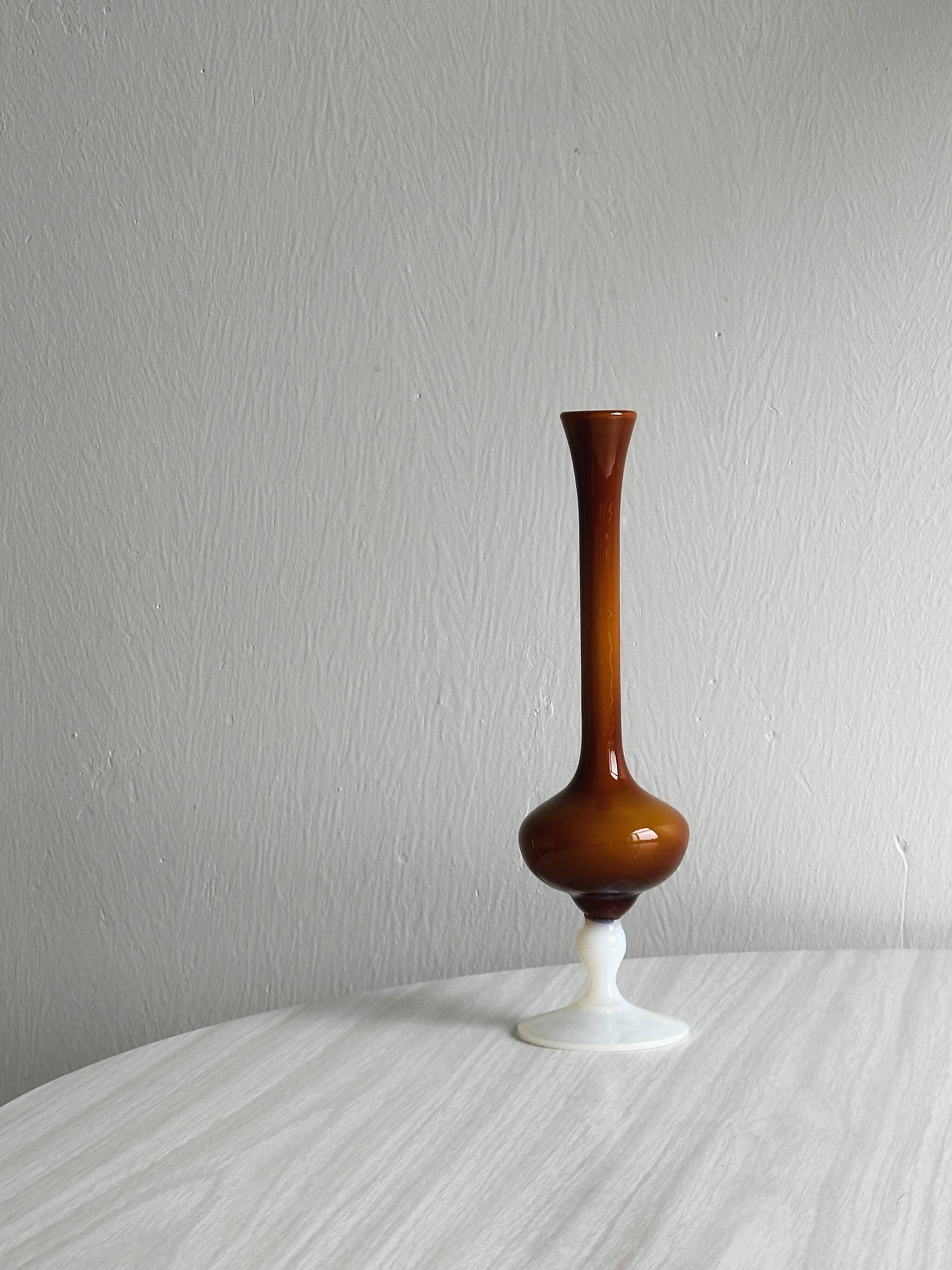 Vintage opaline soliflore vase in two-tone amber and white glass on foot
