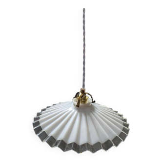 Ancienne abat jour suspension baladeuse en opaline plissée/drapée blanche Art déco 1930 Ø 26 cm