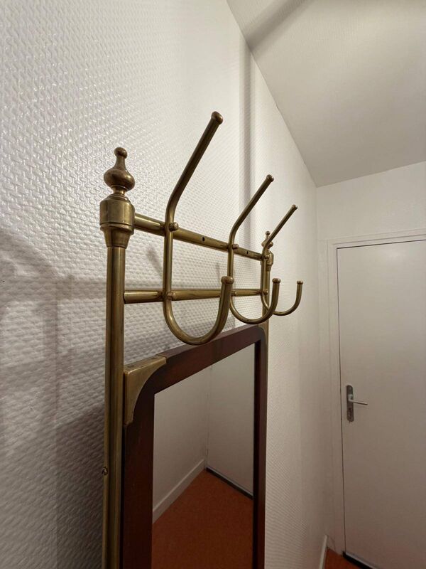 Porte-manteau, vestiaire d’entrée ancien en laiton avec miroir
