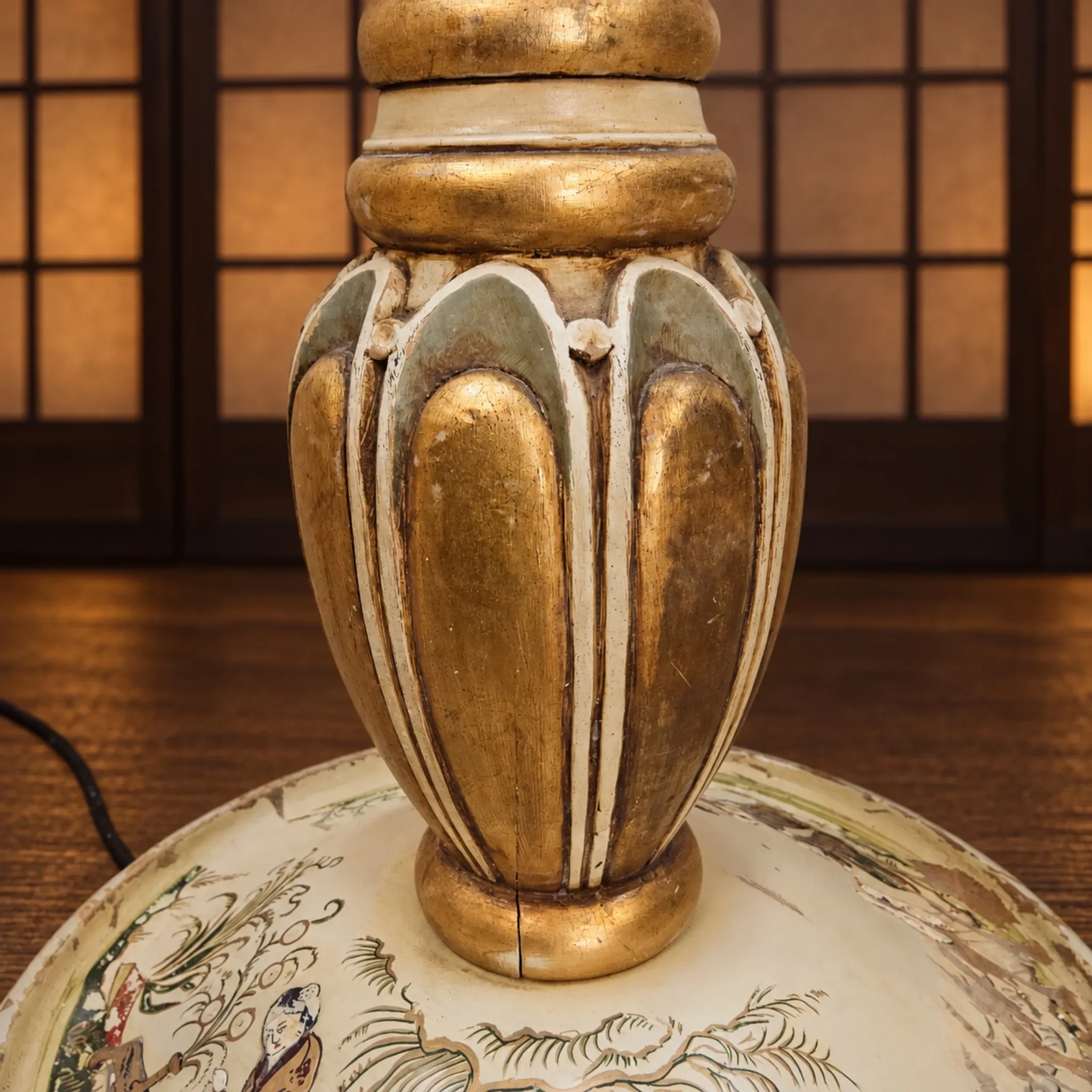 Lampadaire antique japonais peint à la main blanc et or (nouvel abat-jour)