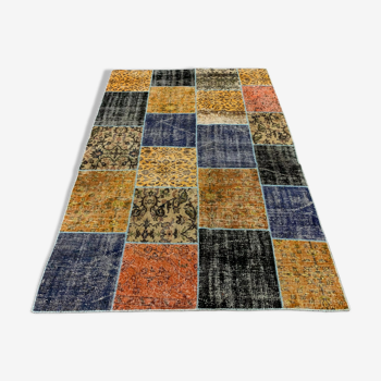 Tapis patchwork turc vintage affligé 218x150 cm laine moyenne