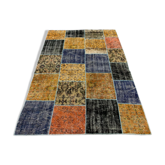 Tapis patchwork turc vintage affligé 218x150 cm laine moyenne