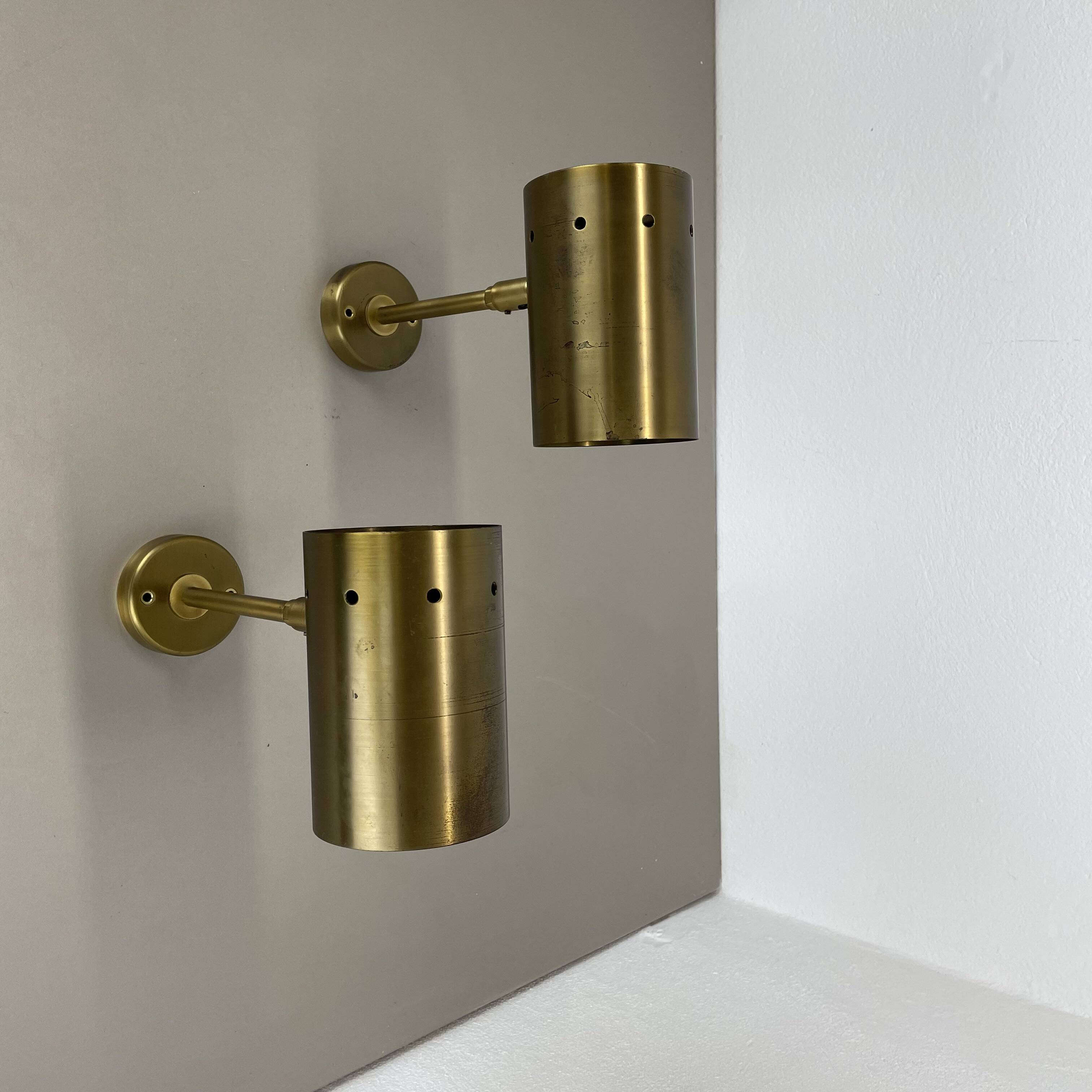 Set of two large minimalist Brass "tube" Wall Light Sconces, Italy 1970s