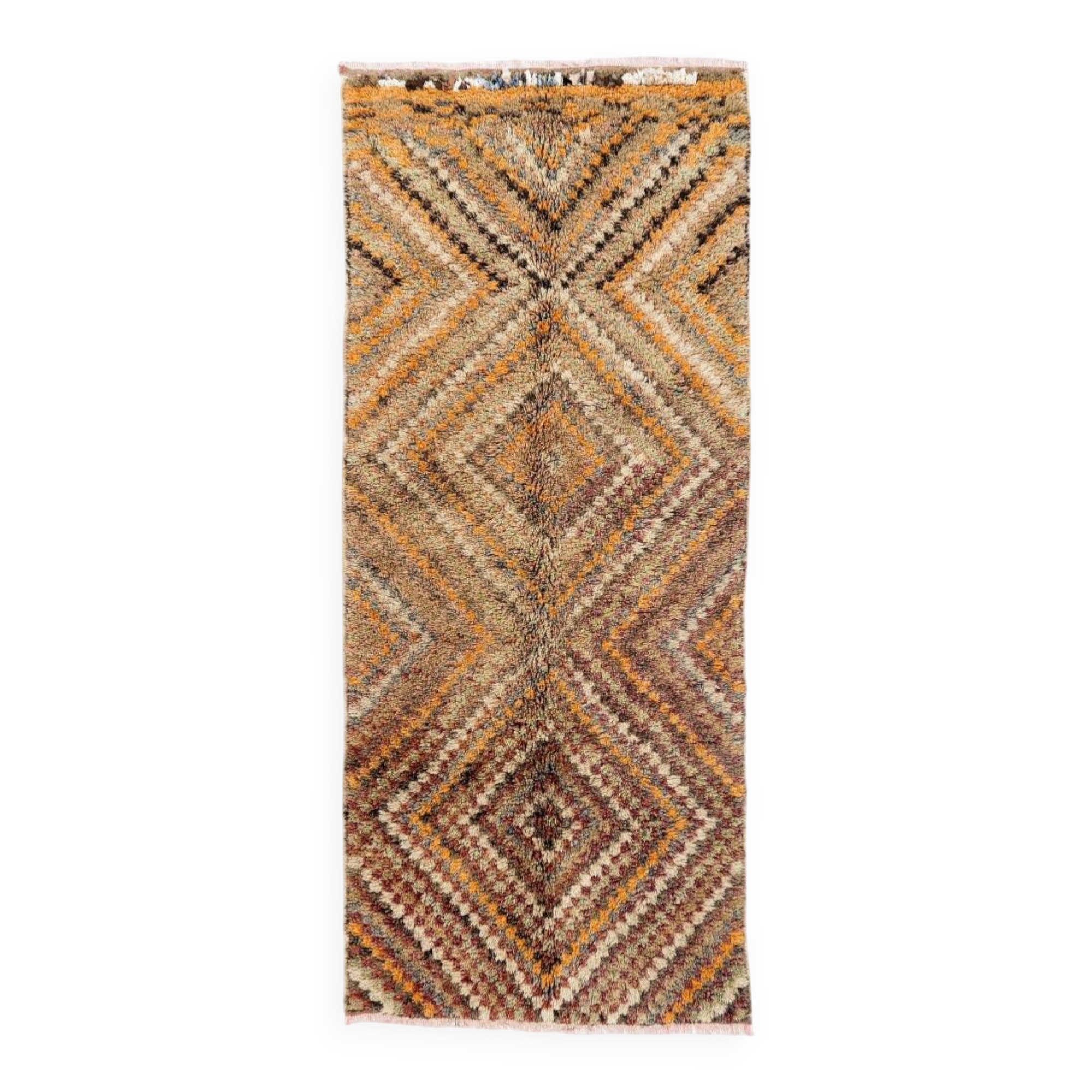 Vintage Hand-Knotted Tulu Runner Rug with Geometric Diamond Design in Brown, Orange and Earthy Tones, 100% Wool