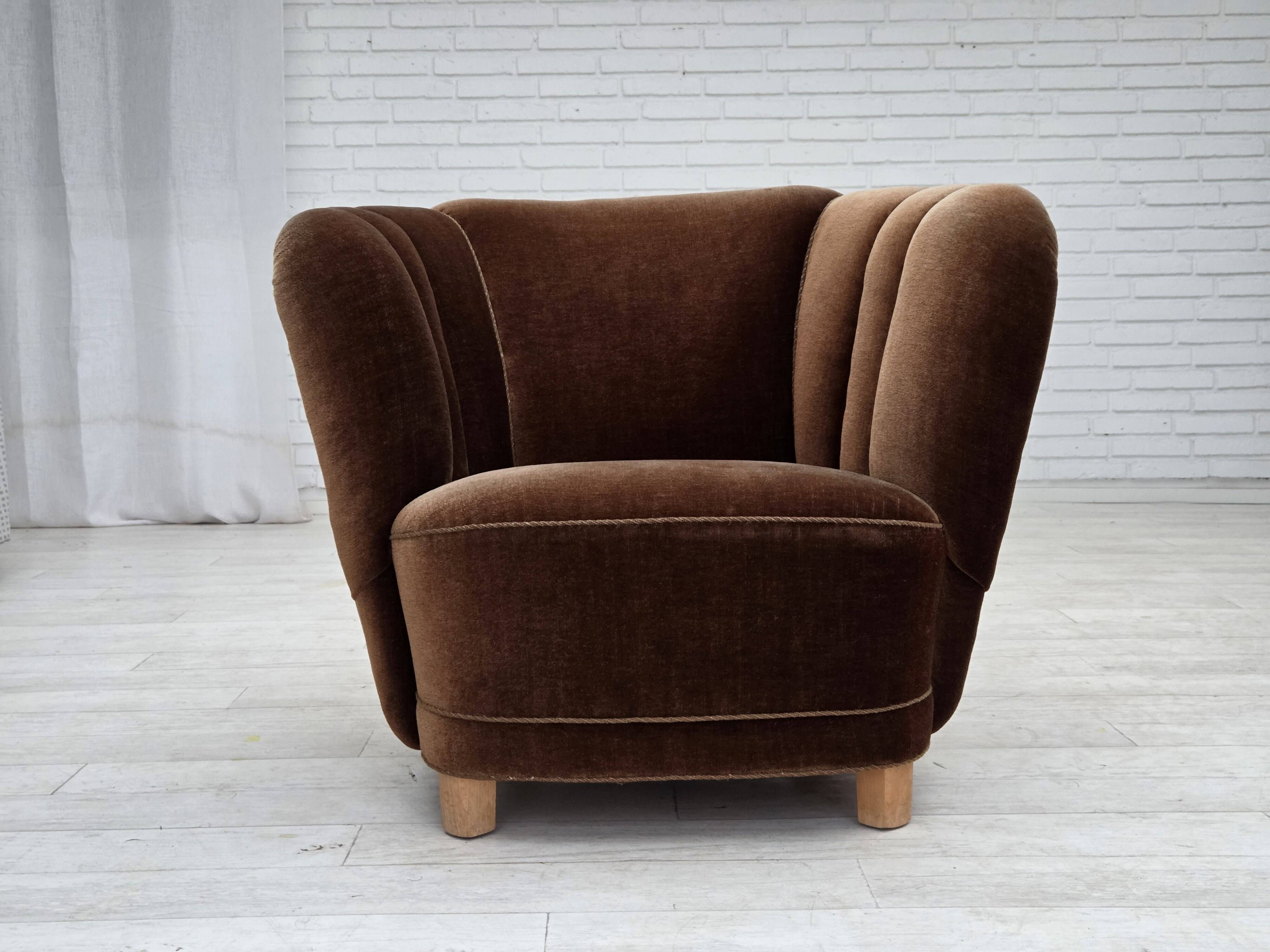 1960s, Danish curved chair, brown furniture velour.