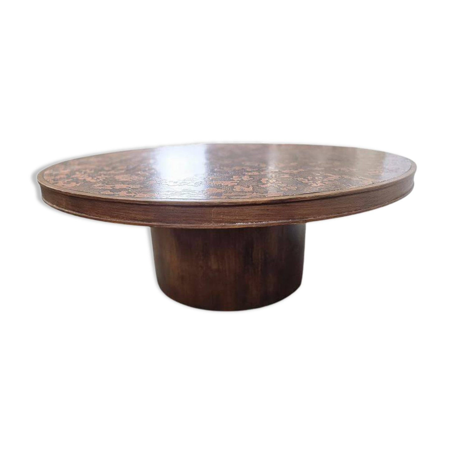 Vintage round wooden coffee table with a copper top.