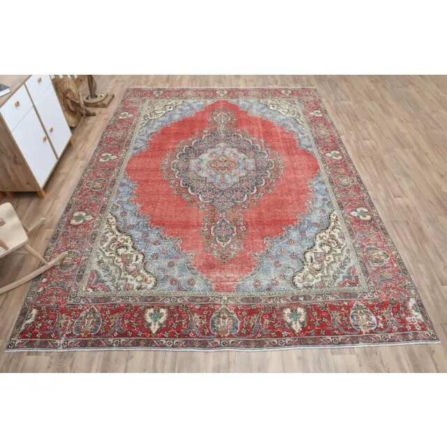 1970s Vintage Persian Handmade Wool Cotton Red Area Rug 289x384