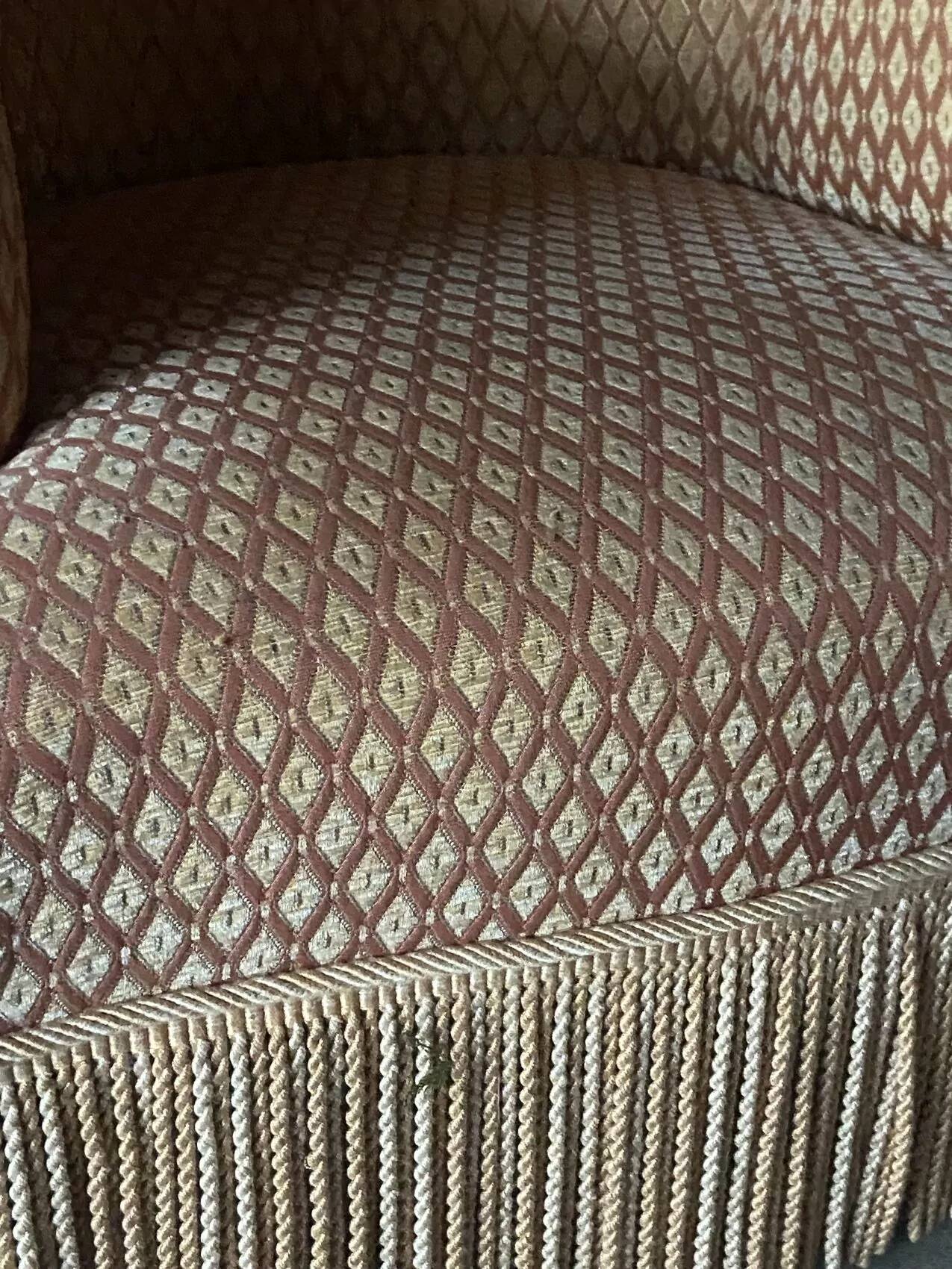 Pair of renovated upholstered frog chairs in beige velvet.
