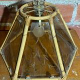 Antique Hexagonal Bamboo Rattan Pendant Light + Vintage Engraved Glass Plates
