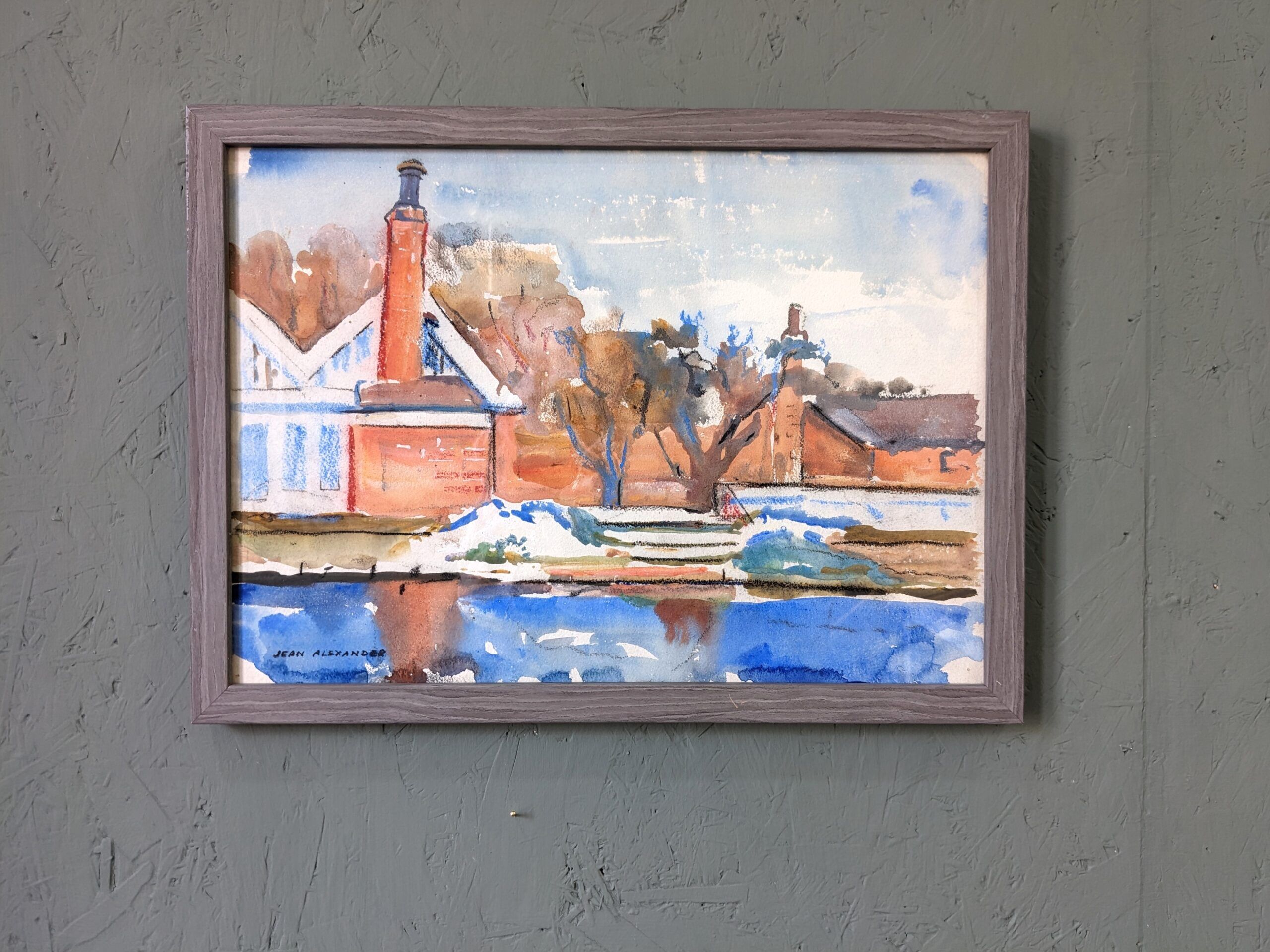 Mid-Century Modern Swedish "The Waterway" Vintage Landscape Watercolour Painting, Framed