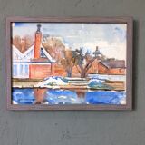 Mid-Century Modern Swedish "The Waterway" Vintage Landscape Watercolour Painting, Framed