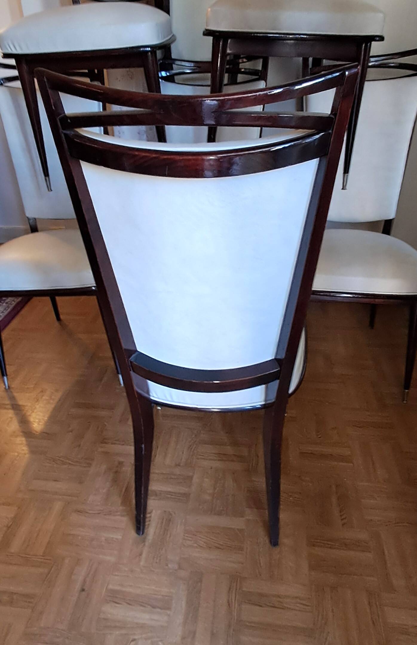 Set of 6 Art Deco chairs in solid mahogany and faux leather. Circa 1940.